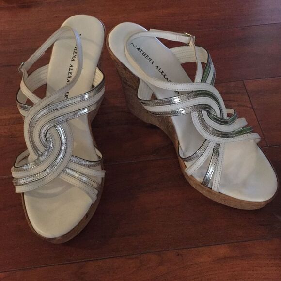Athena Alexander White Strappy Wedge Sandals Size 7 Silver Detail Ankle Strap - Picture 3 of 4